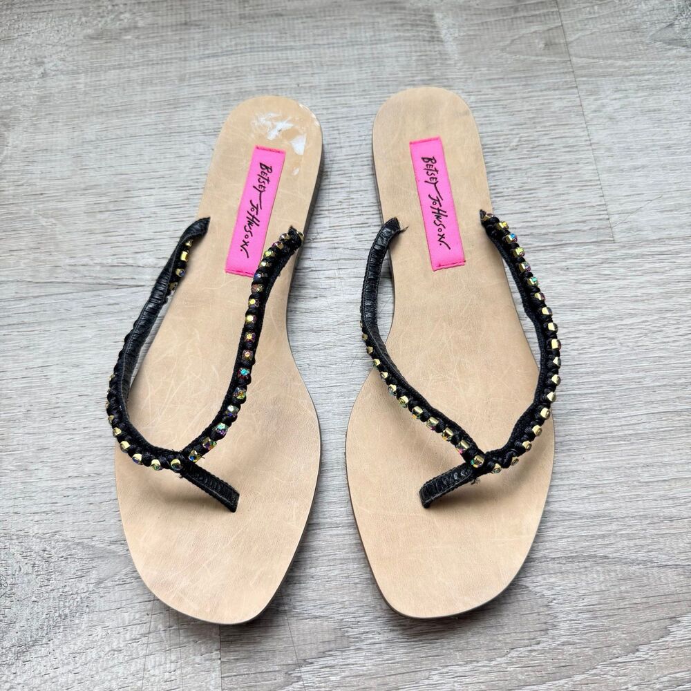 Betsey Johnson Black Rhinestone Thong Flip Flops Women Size 6.5